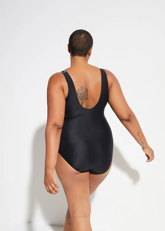 BAñADOR CON LIGERO EFECTO MOLDEADOR NEGROTURQUESA CON ESTAMPADO GRáFICO