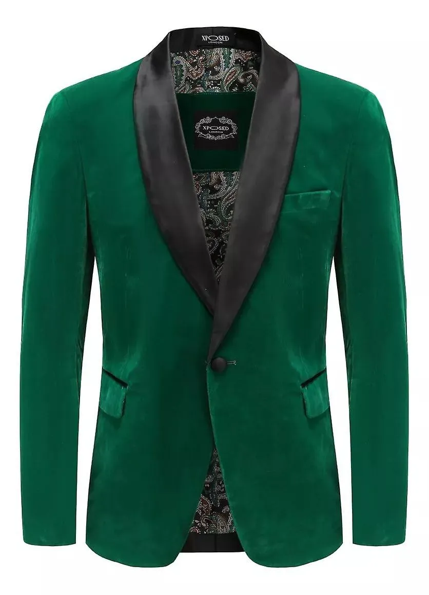 Blazer de terciopelo verde para hombre Chaqueta de solapa de chal de un botón