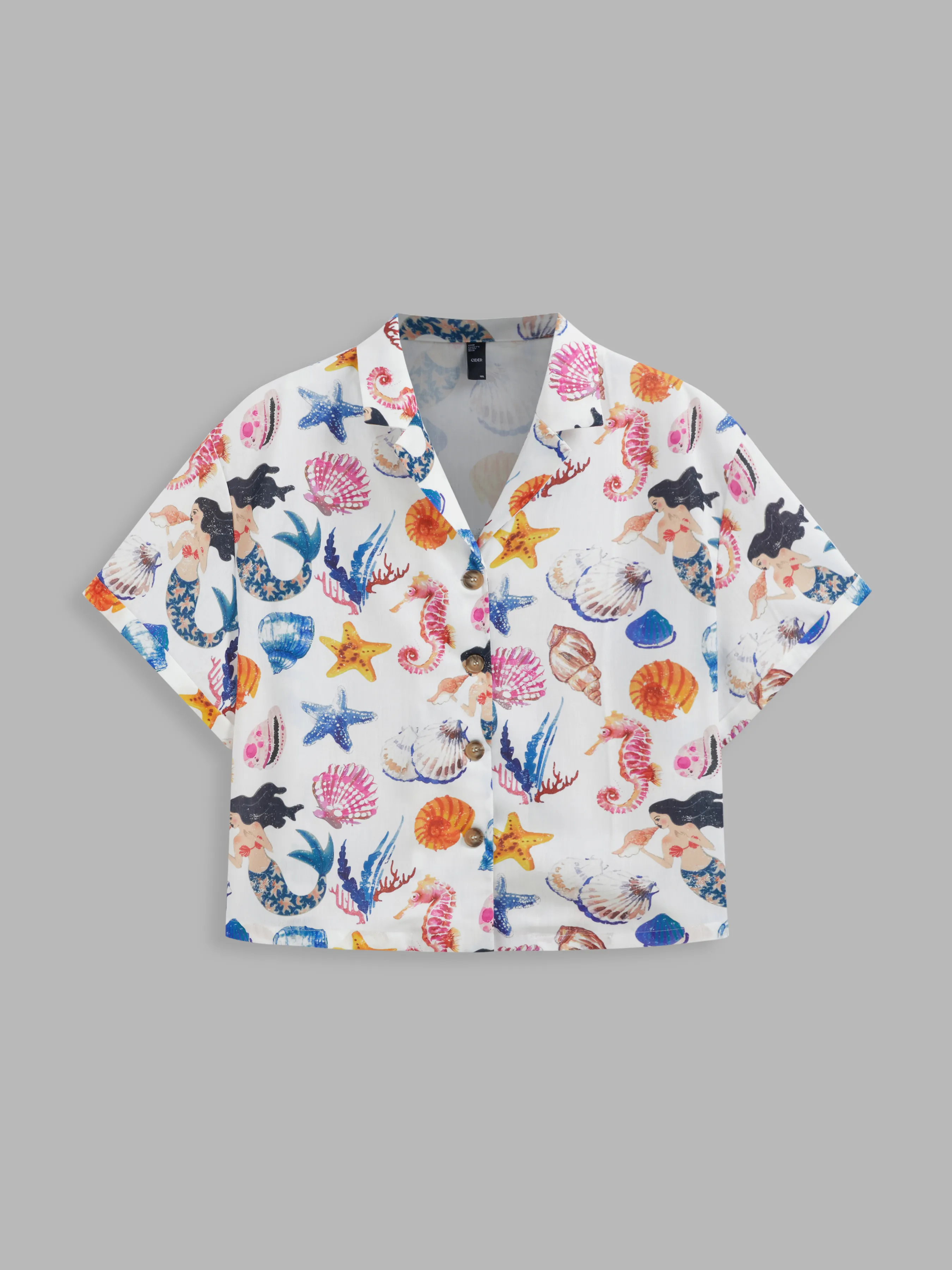 Camiseta de manga corta con gráfico de sirena y cuello tejido Curvy