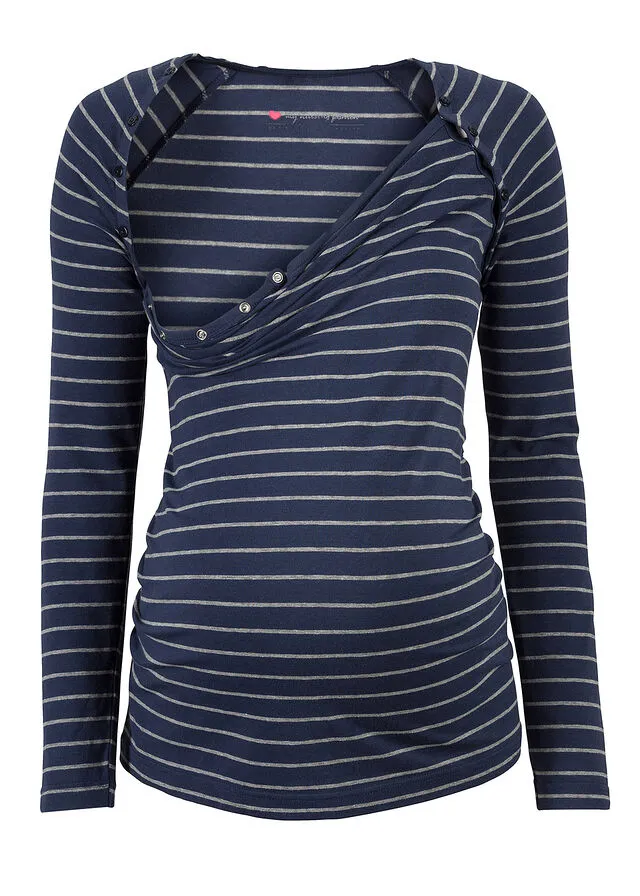 Camiseta premamá/de lactancia con botones a presión Azul oscuro/gris jaspeado a rayas