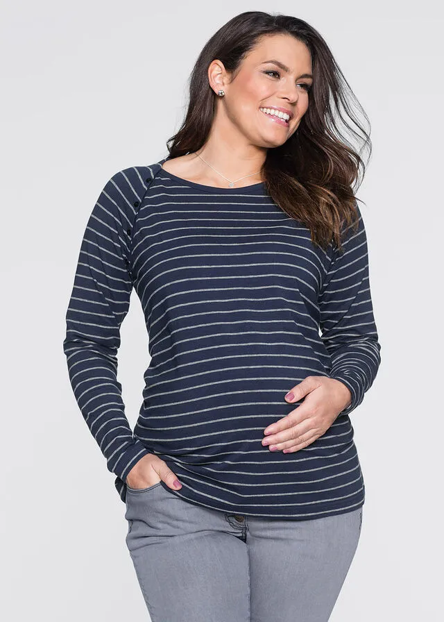 Camiseta premamá/de lactancia con botones a presión Azul oscuro/gris jaspeado a rayas