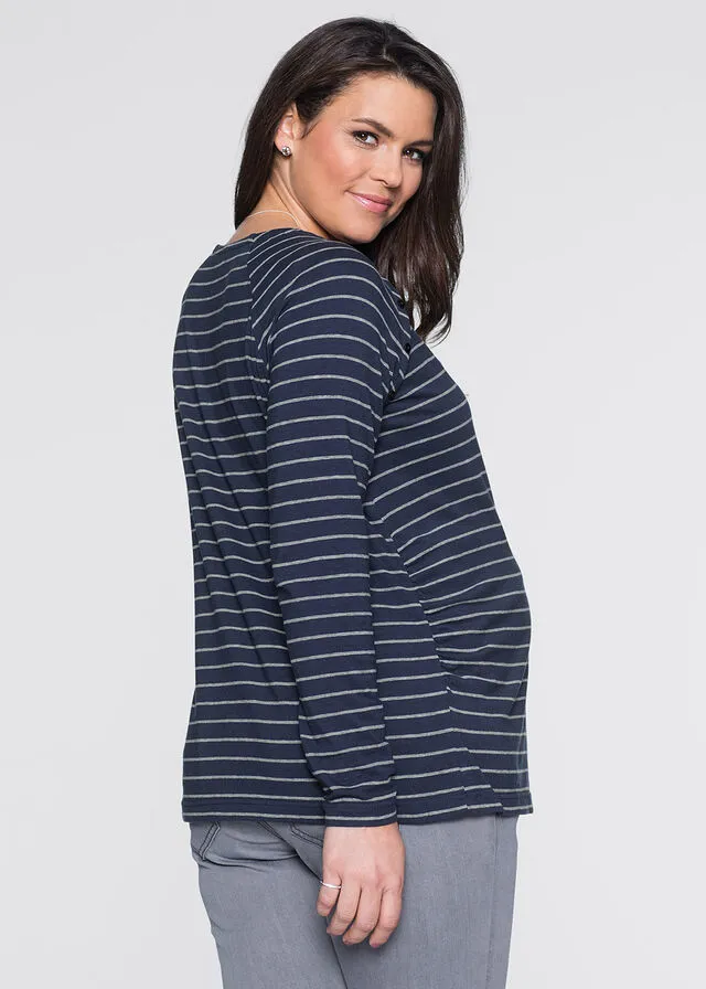 Camiseta premamá/de lactancia con botones a presión Azul oscuro/gris jaspeado a rayas