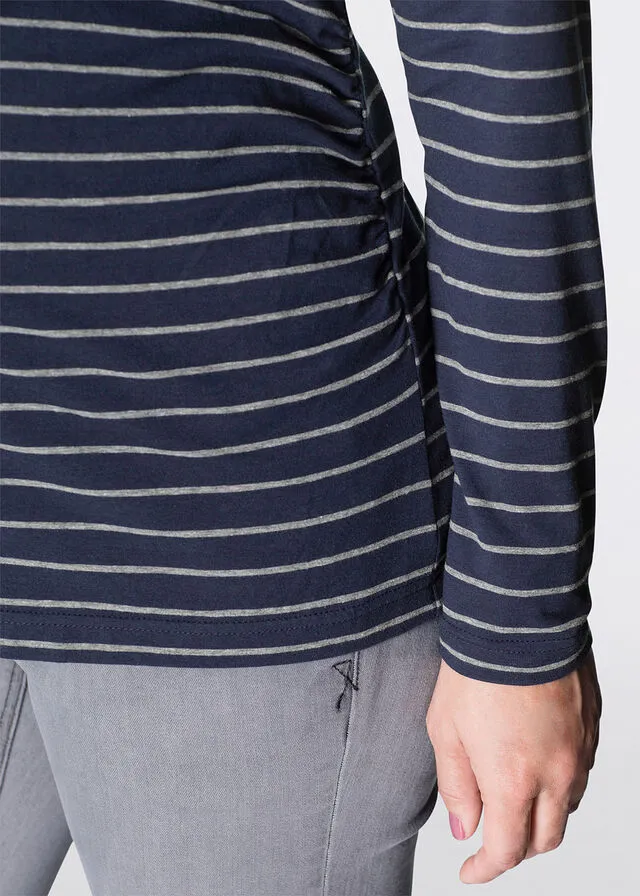 Camiseta premamá/de lactancia con botones a presión Azul oscuro/gris jaspeado a rayas