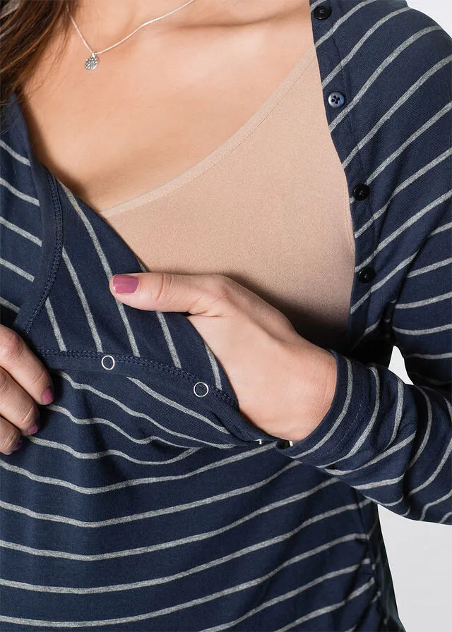 Camiseta premamá/de lactancia con botones a presión Azul oscuro/gris jaspeado a rayas