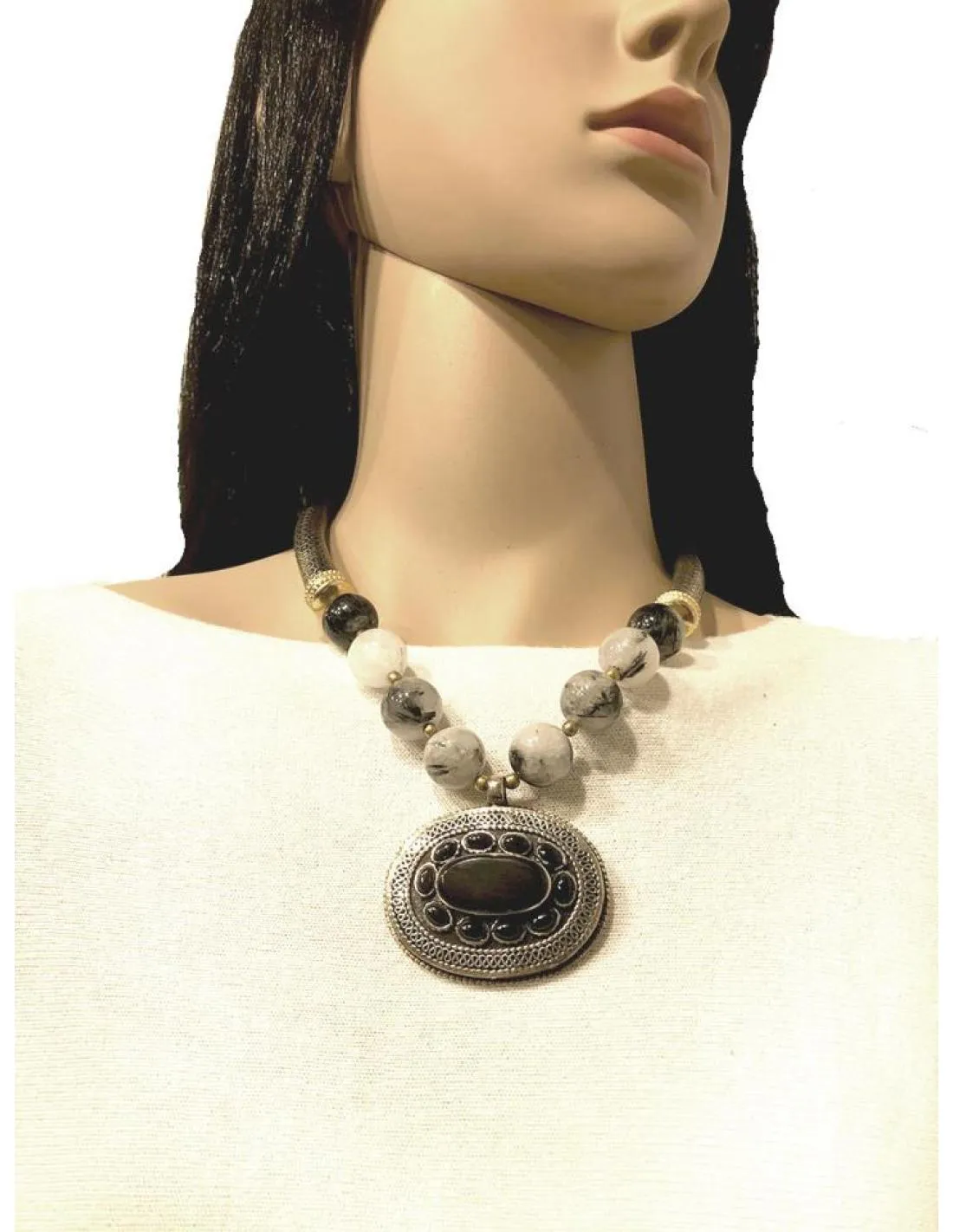 COLLARES PLATA AFGANA CON MEDALLON ONIX DE PIEDRA ESTILO TRIBAL