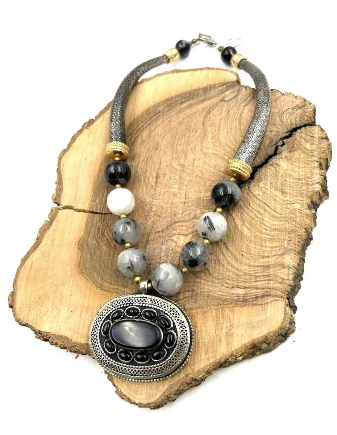 COLLARES PLATA AFGANA CON MEDALLON ONIX DE PIEDRA ESTILO TRIBAL