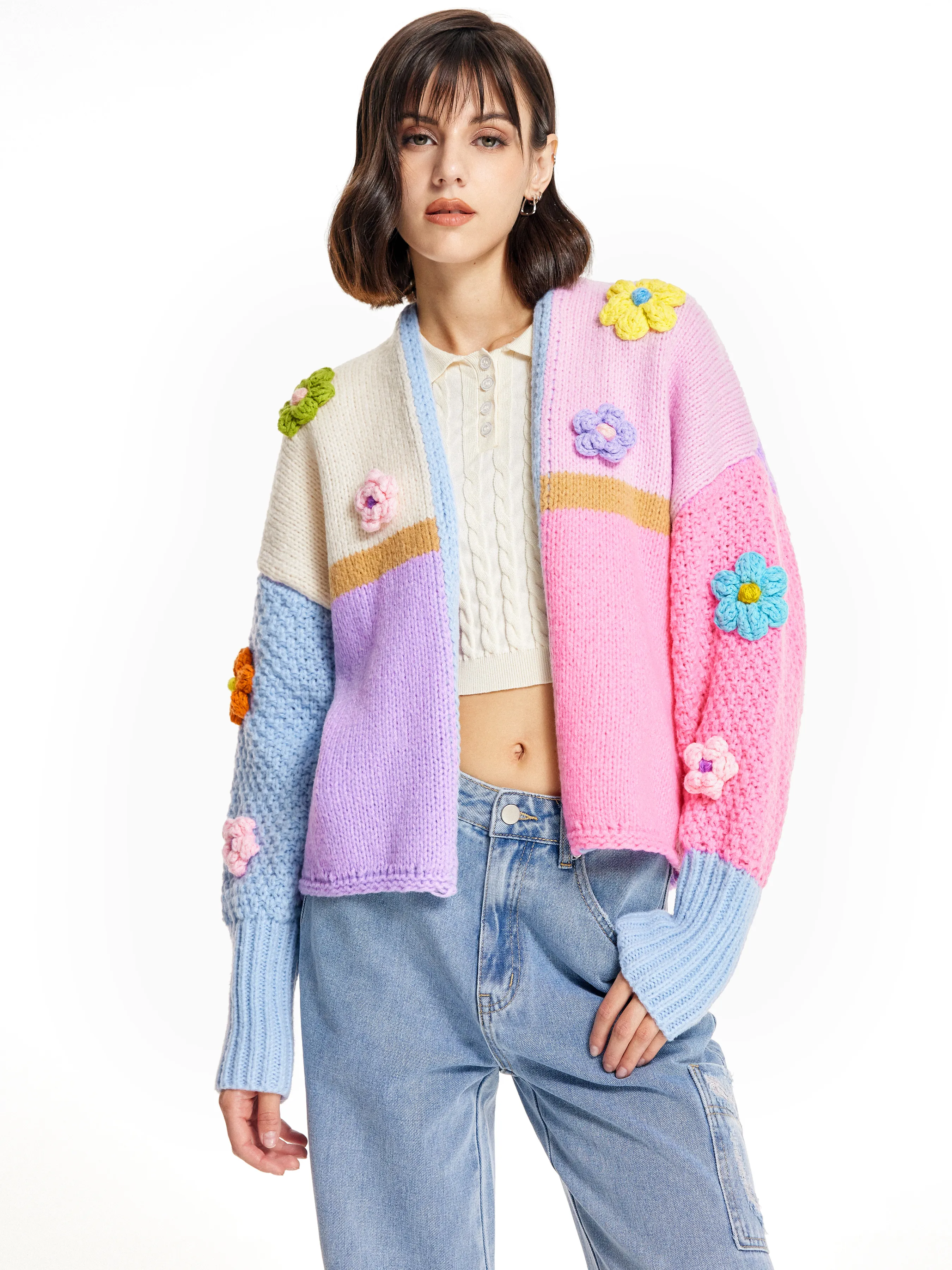Cárdigan de Punto con Crochet Floral