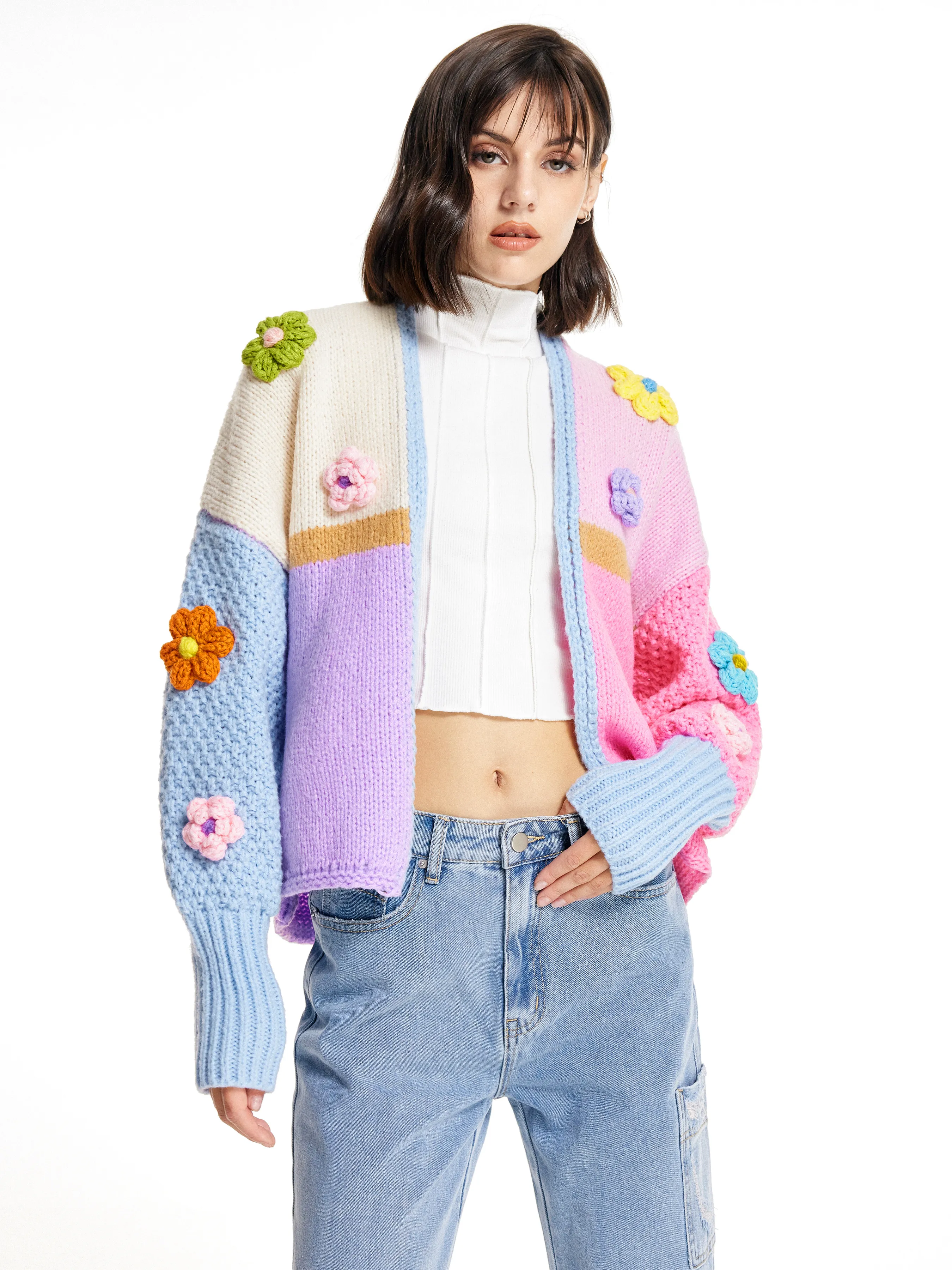 Cárdigan de Punto con Crochet Floral