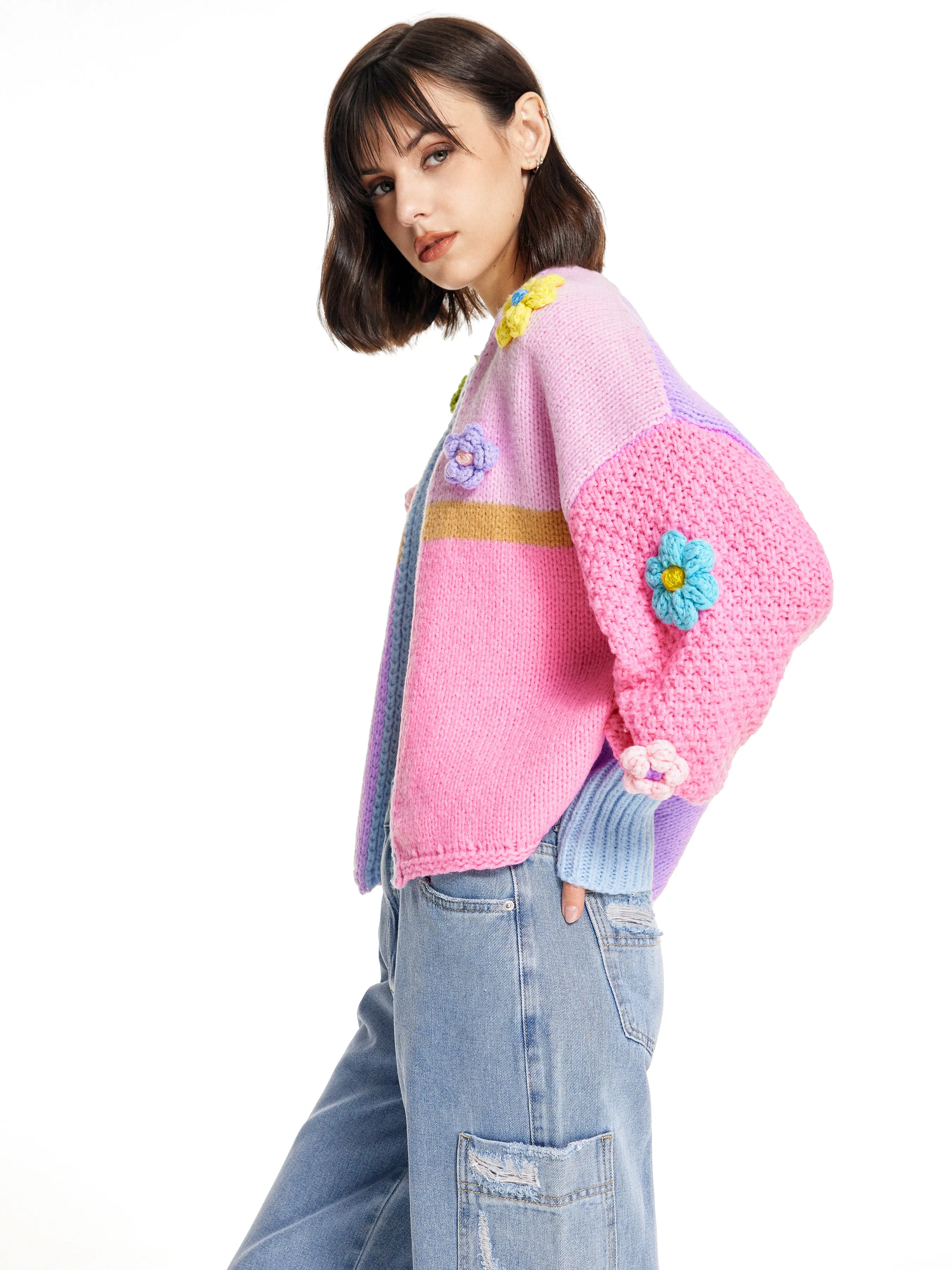 Cárdigan de Punto con Crochet Floral