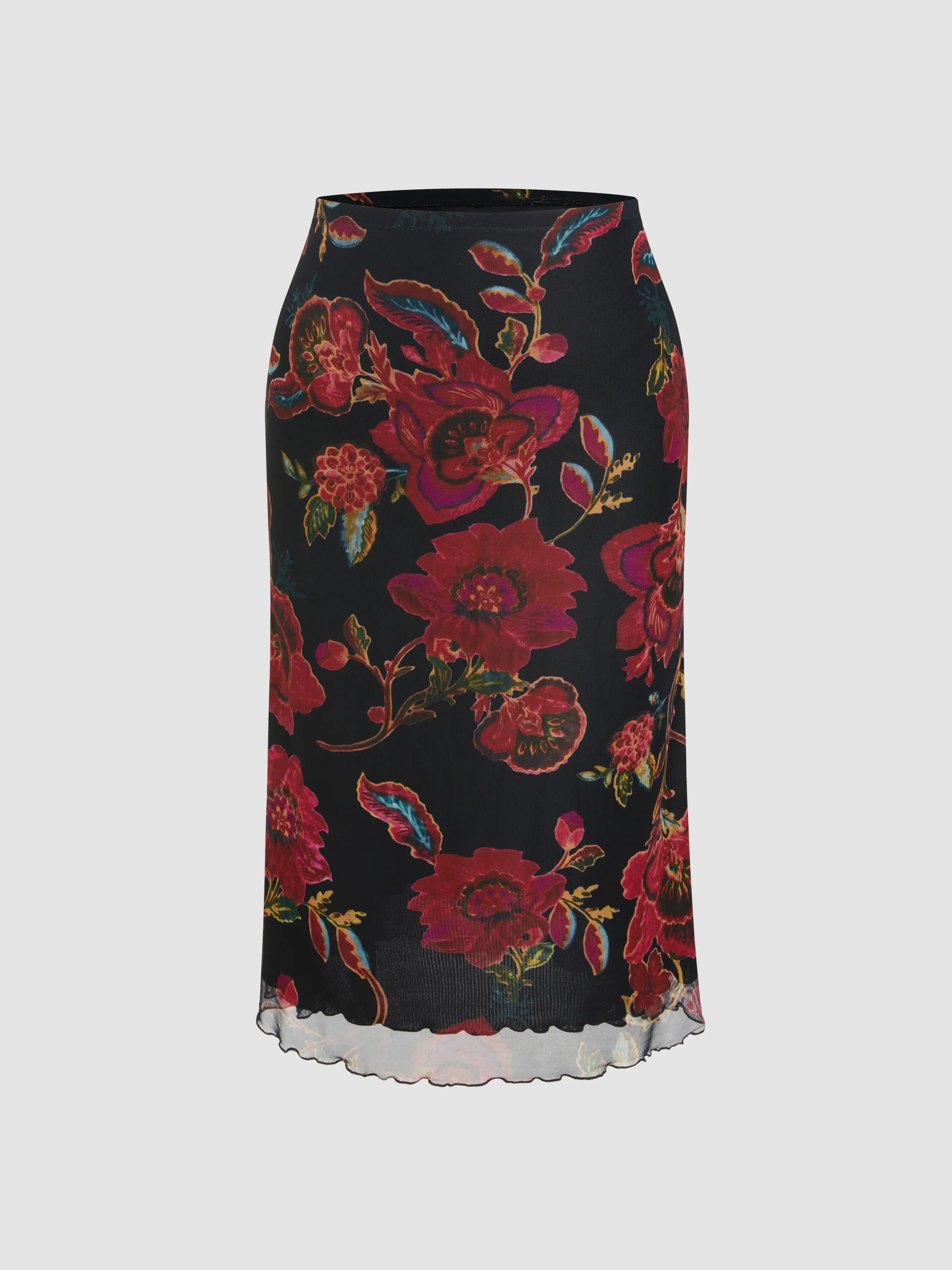 Falda Maxi Floral con Ribete de Lechuga y Malla Curvy