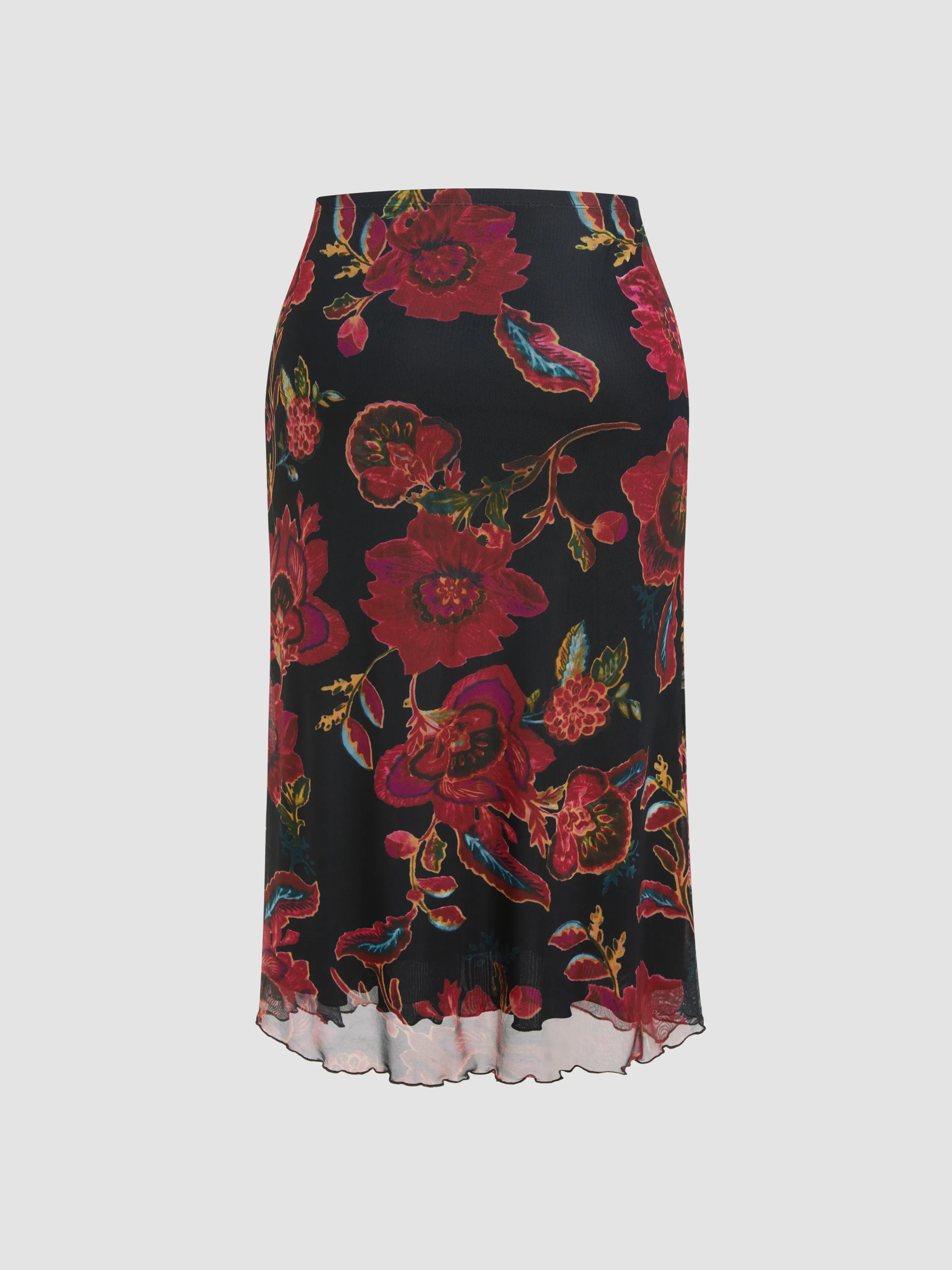 Falda Maxi Floral con Ribete de Lechuga y Malla Curvy