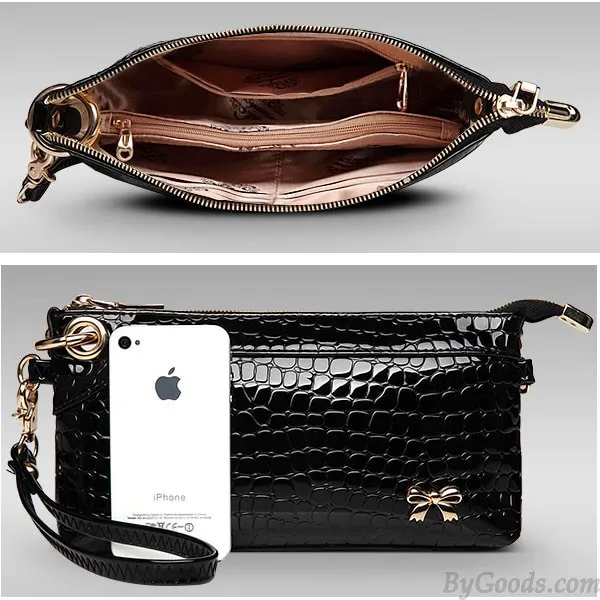 Glossy Flower Grid Bow Crocodile Pattern Clutches