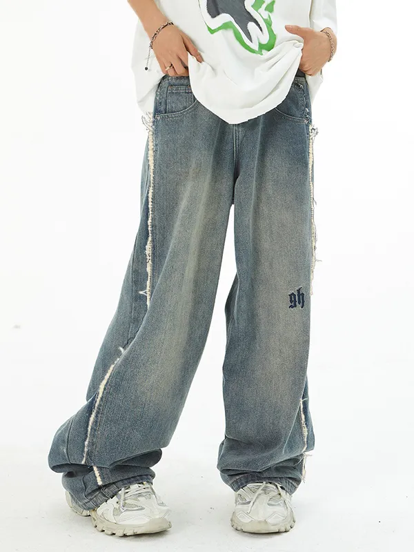 Jeans sueltos desgastados con patchwork desteñido para hombre