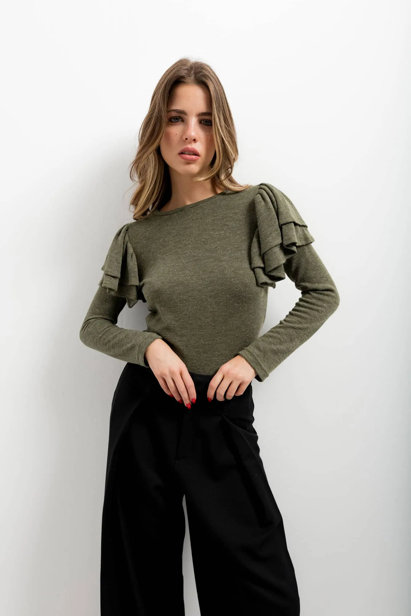 Jersey punto volantes con manga larga para mujer