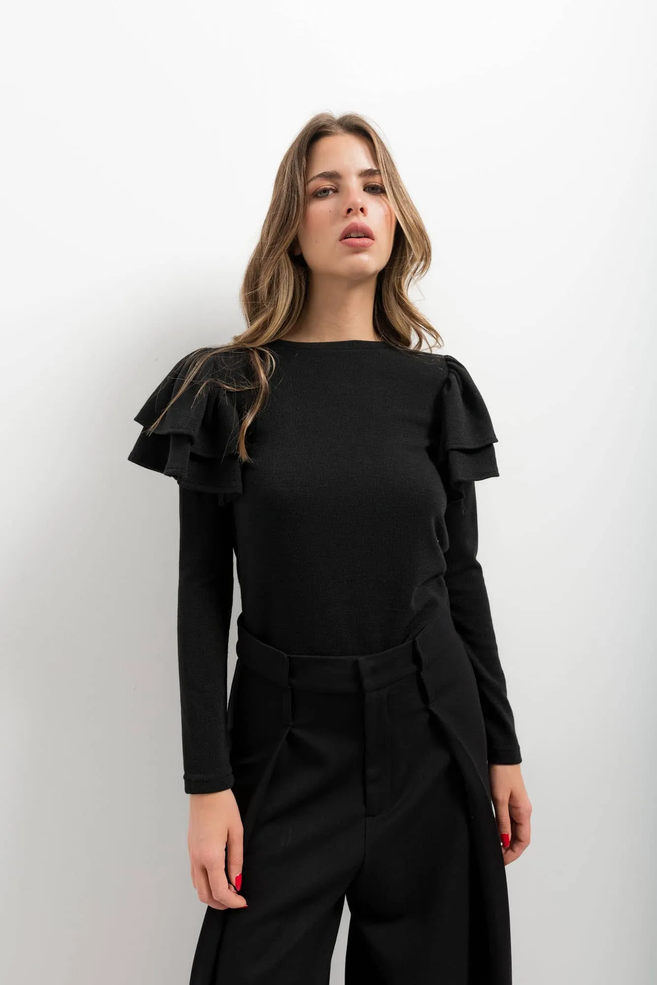 Jersey punto volantes con manga larga para mujer