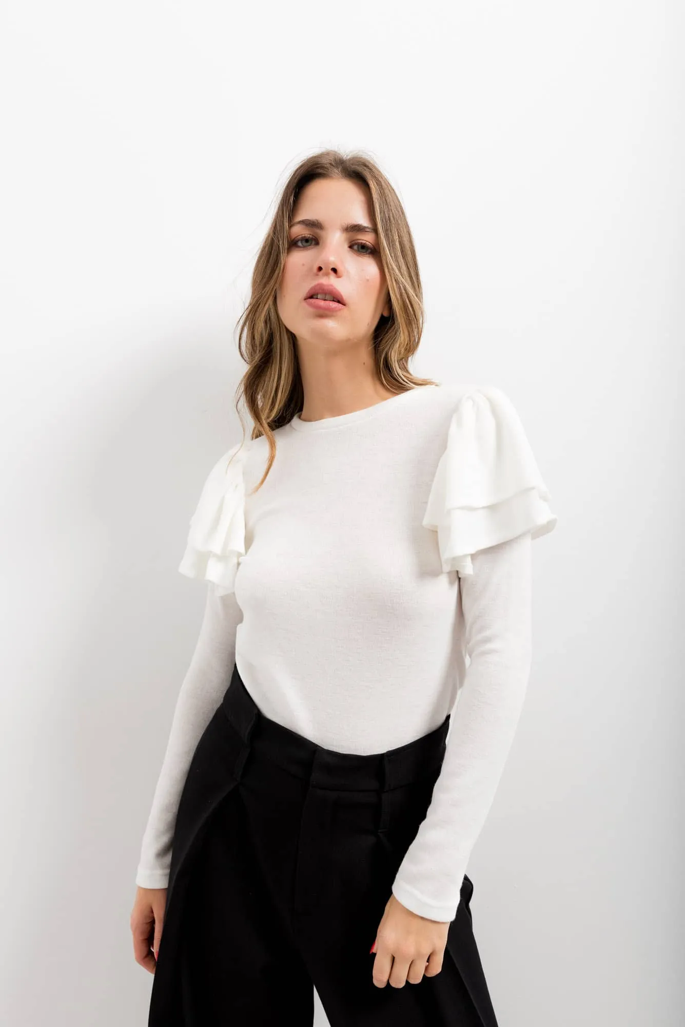 Jersey punto volantes con manga larga para mujer