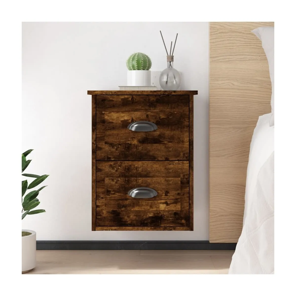 Mesita de noche de pared 2 uds color roble ahumado