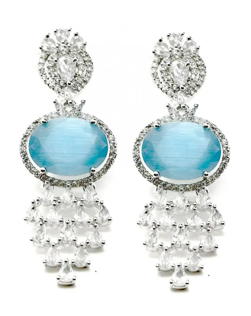 PENDIENTES LARGOS AZULES CON PIEDRA OVALADA PARA BODAS