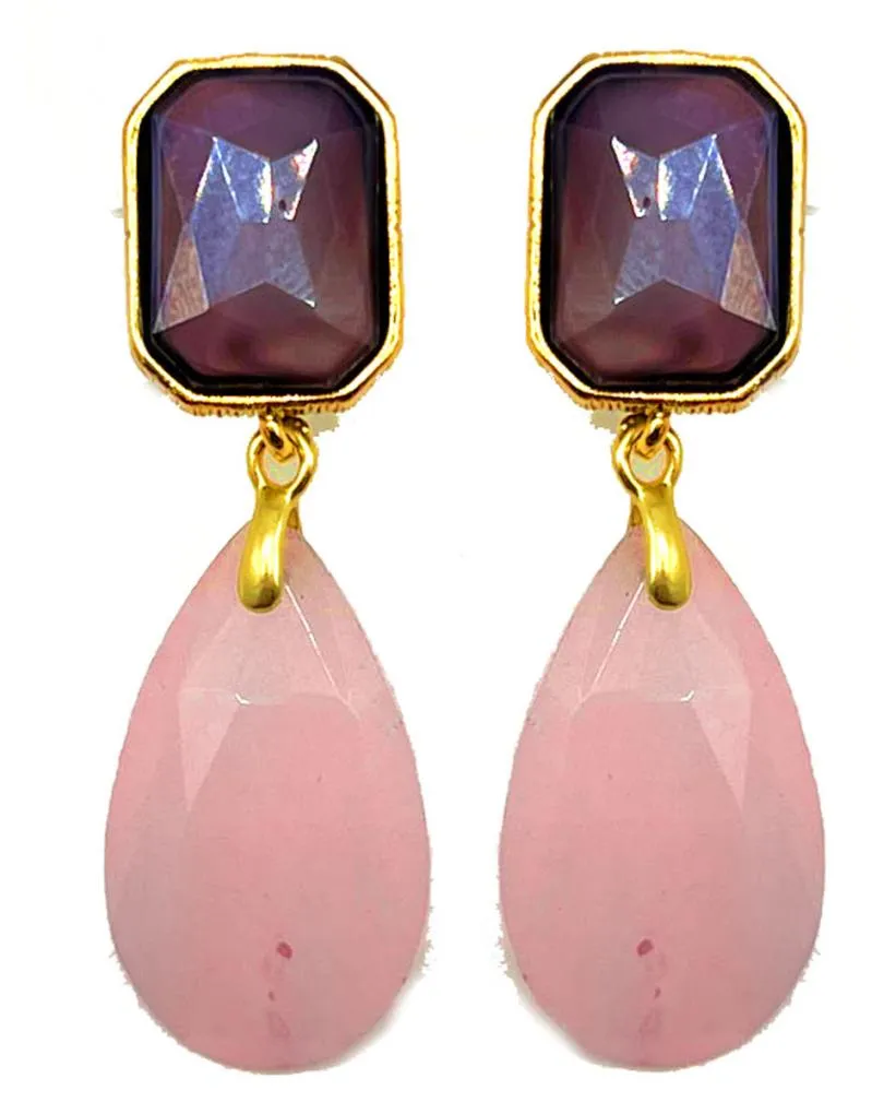 PENDIENTES LARGOS PARA MUJER ROSAS CON PIEDRAS FACETADAS