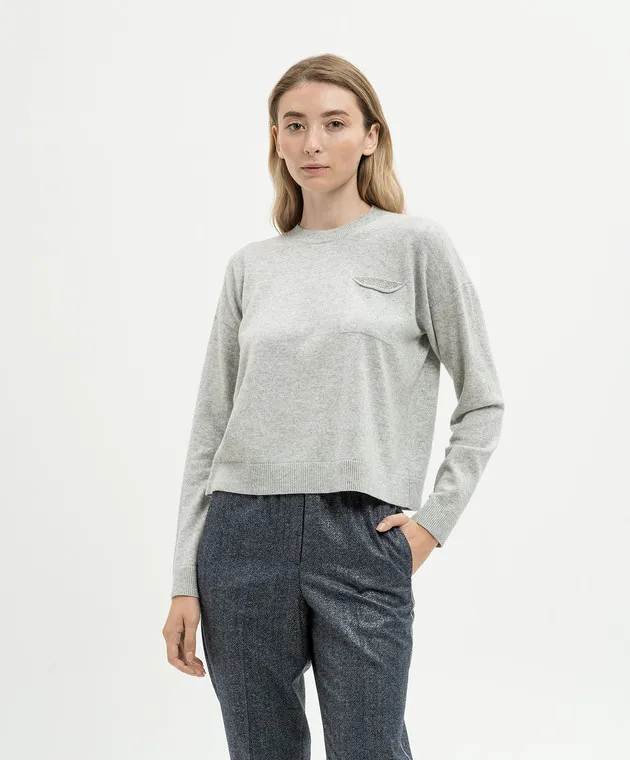 Peserico Gray wool and silk sweater with monil chain