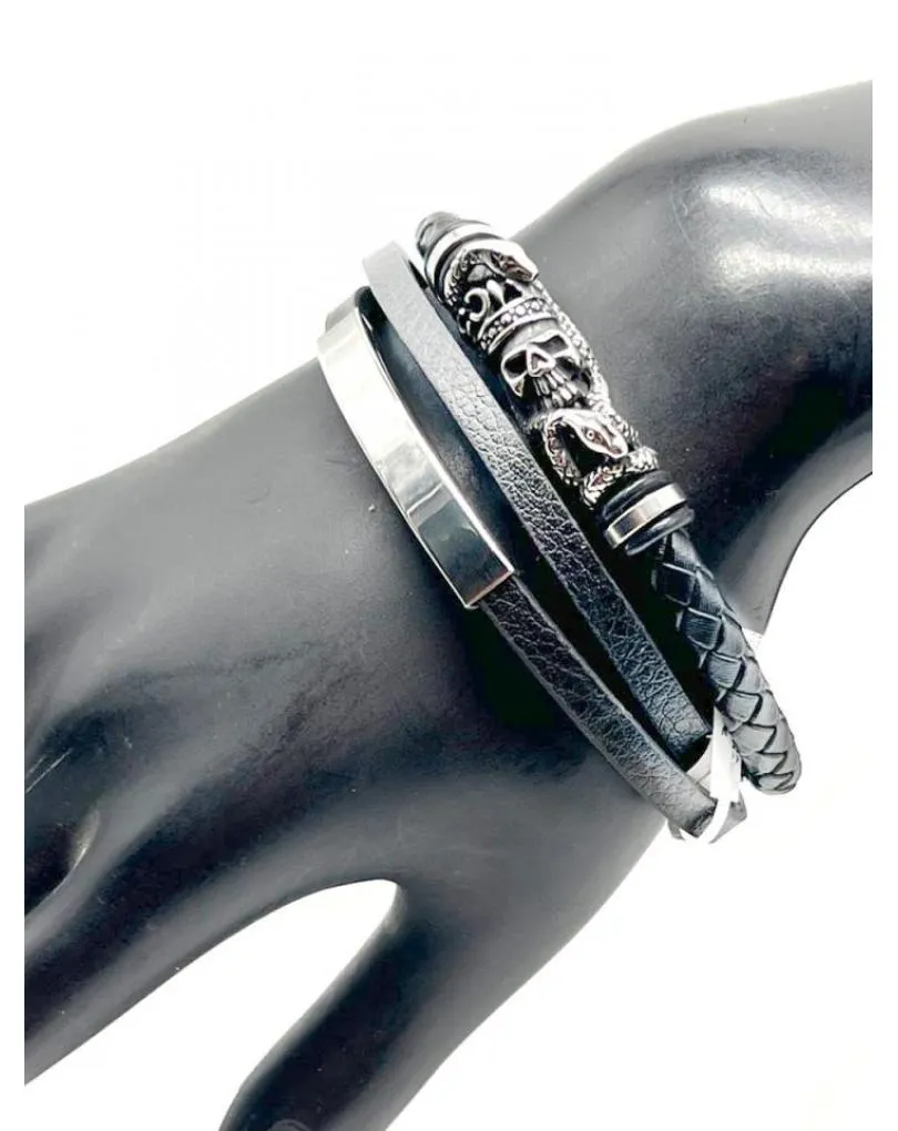 PULSERAS PARA HOMBRE NEGRAS CON TRES HILERAS Y CALAVERA