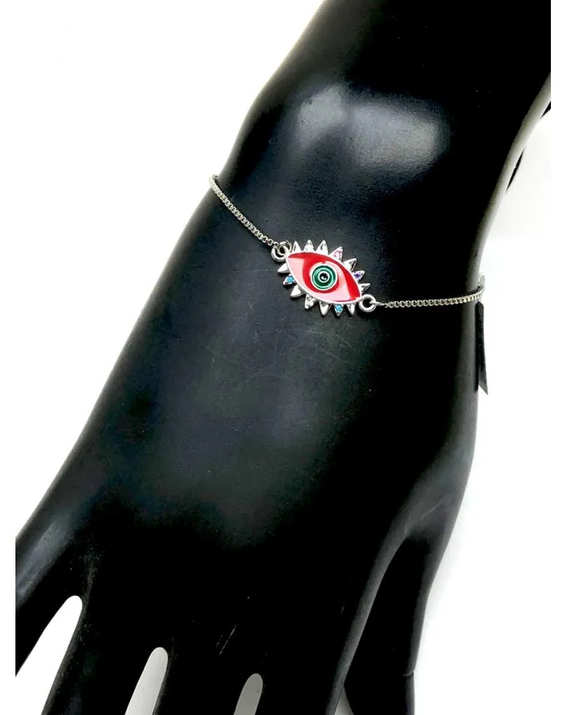 PULSERAS PLATEADAS CON OJITO DE LA SUERTE ESMALTADO EN ROJO