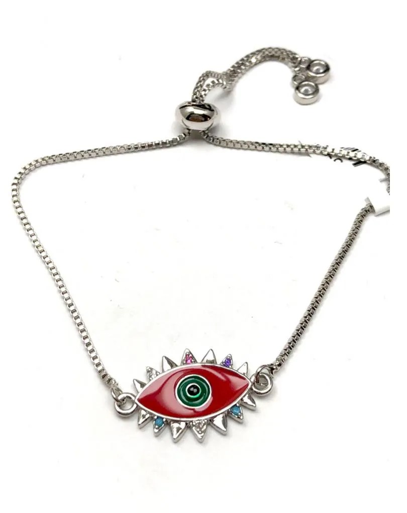 PULSERAS PLATEADAS CON OJITO DE LA SUERTE ESMALTADO EN ROJO