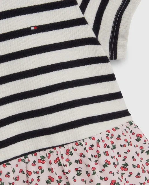 Tommy Hilfiger Vestido de bebé niña de bebé niña estampado combinado con manga corta y logo bandera bordado