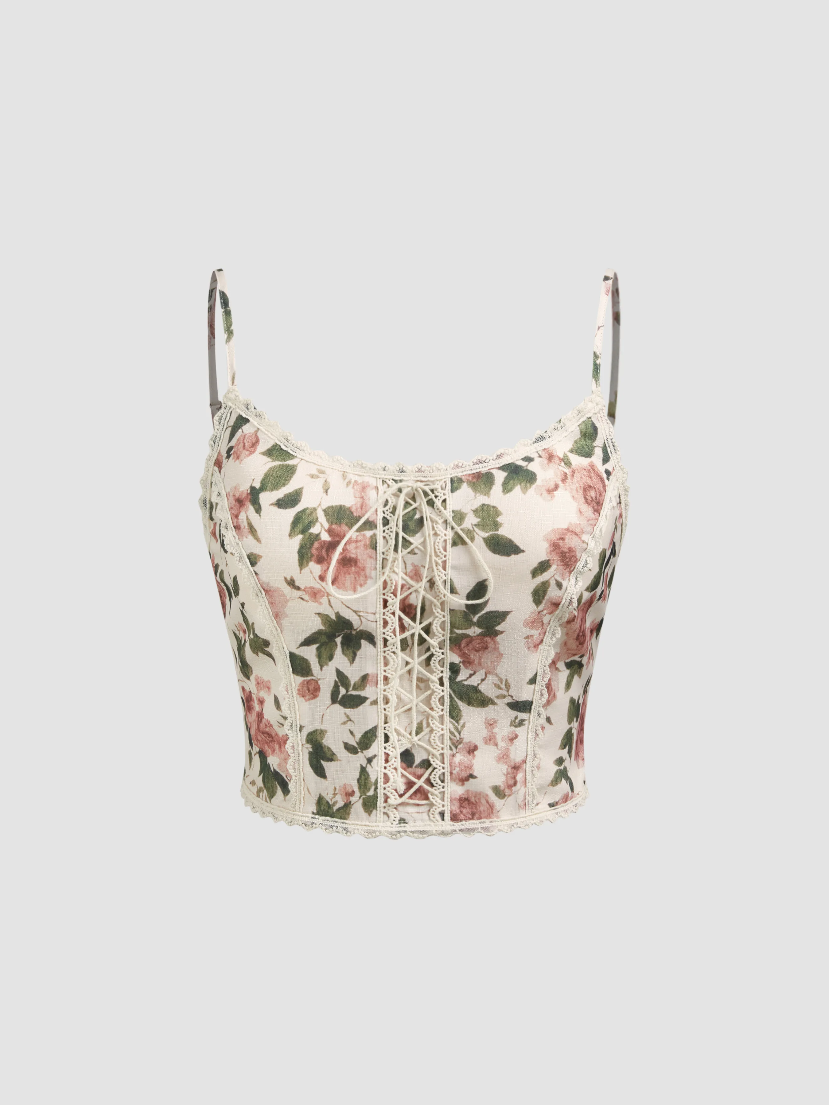 Top Cami Corto con Cordones y Escote Redondo de Encaje Floral