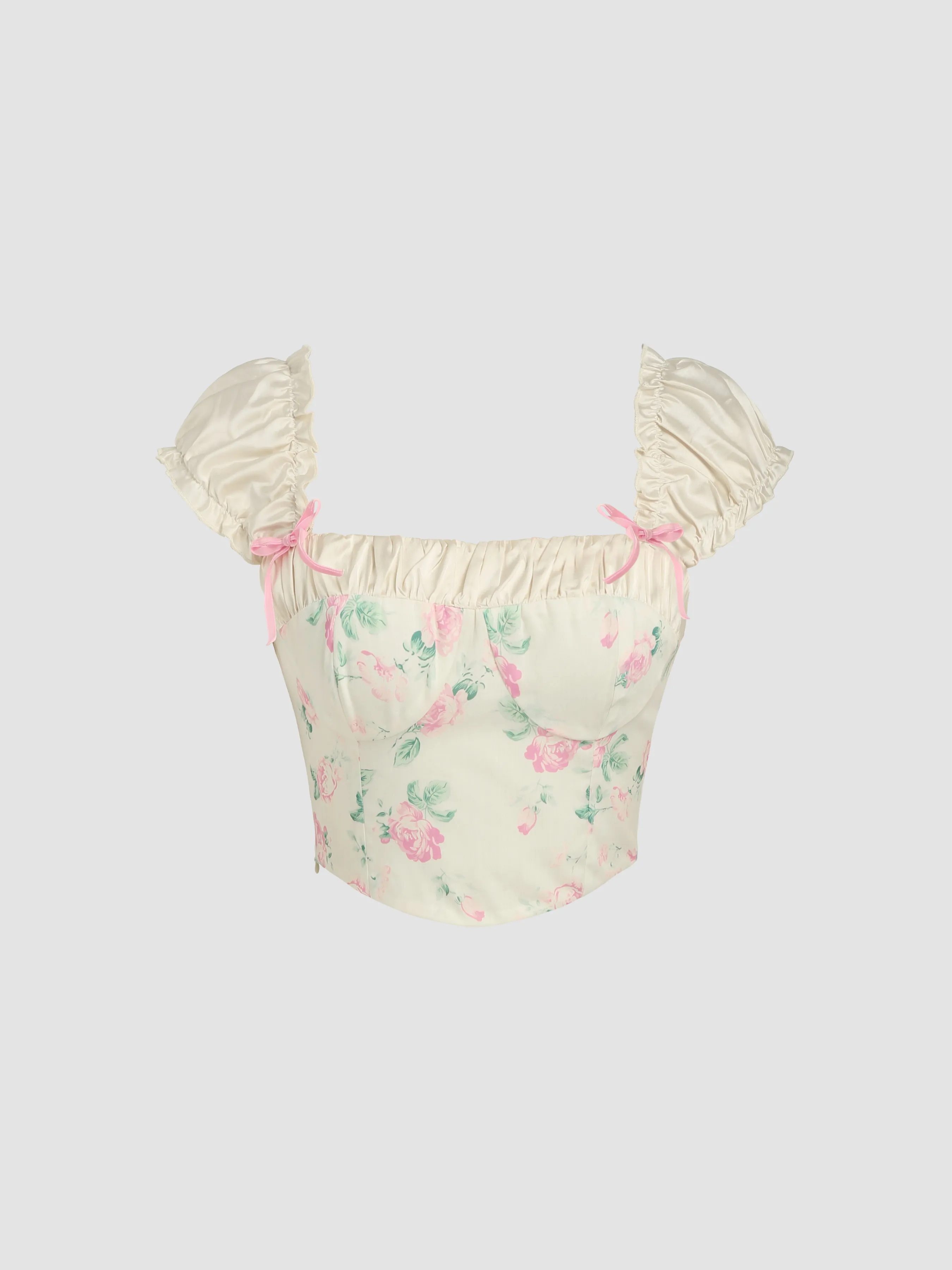 Top Crop con Cuello Cuadrado, Lazo Floral y Ribete de Lechuga