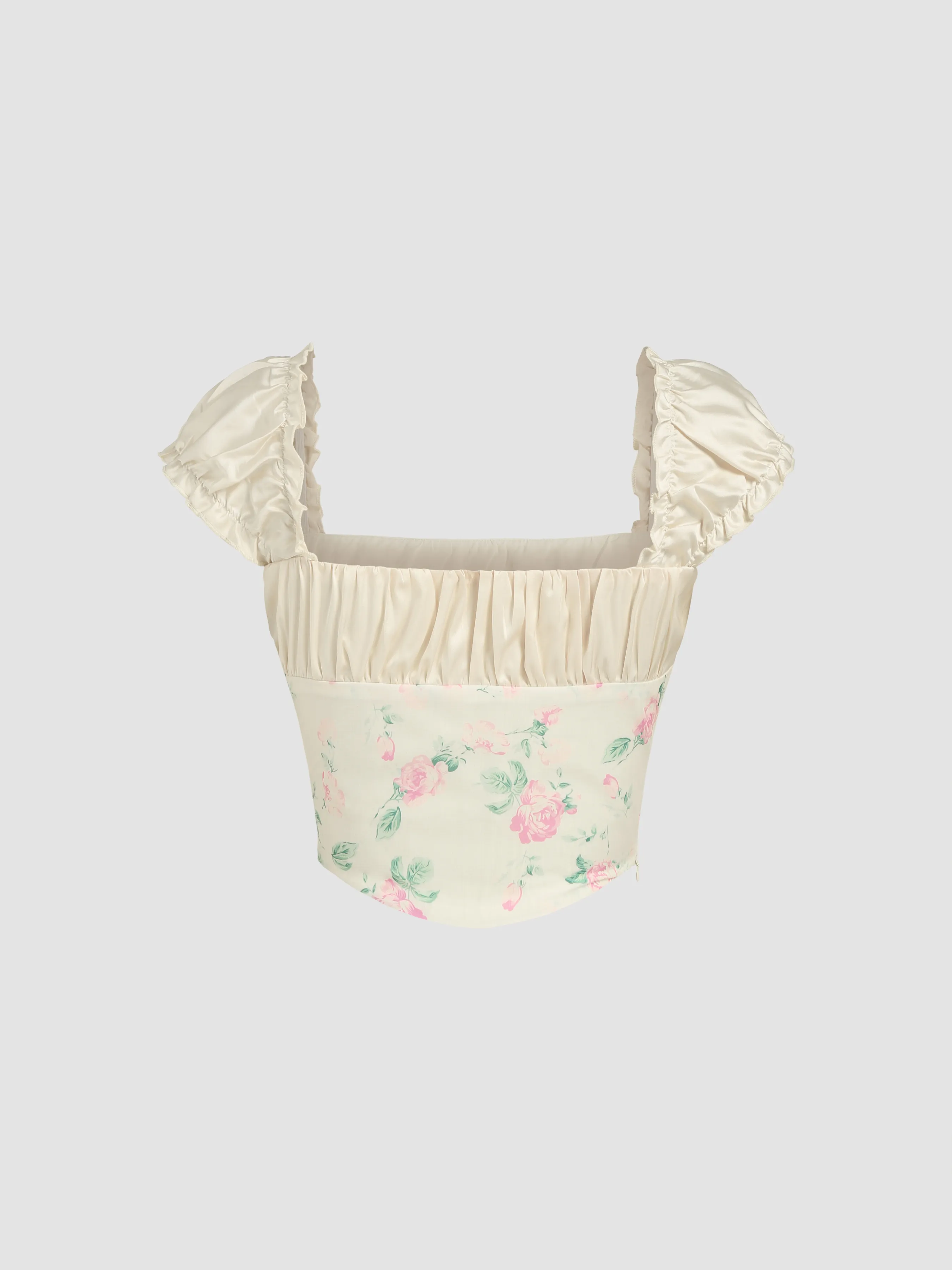 Top Crop con Cuello Cuadrado, Lazo Floral y Ribete de Lechuga