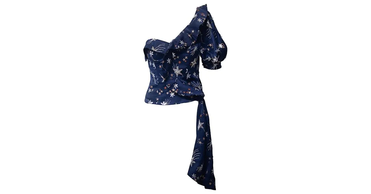 Top de un solo hombro con adorno de estrellas Self Portrait en poliéster azul marino 