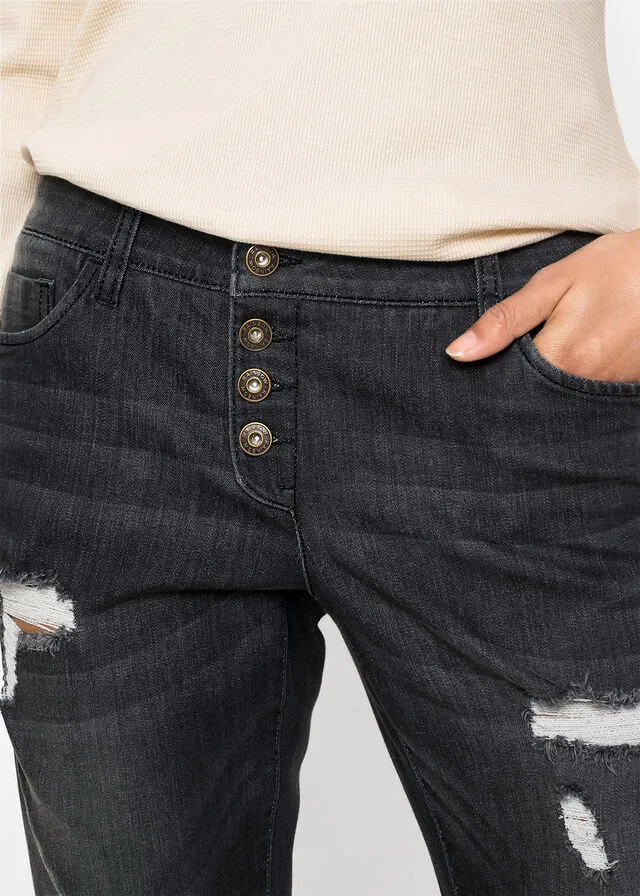 Vaqueros estilo boyfriend desgastados con poliéster reciclado negro piedra