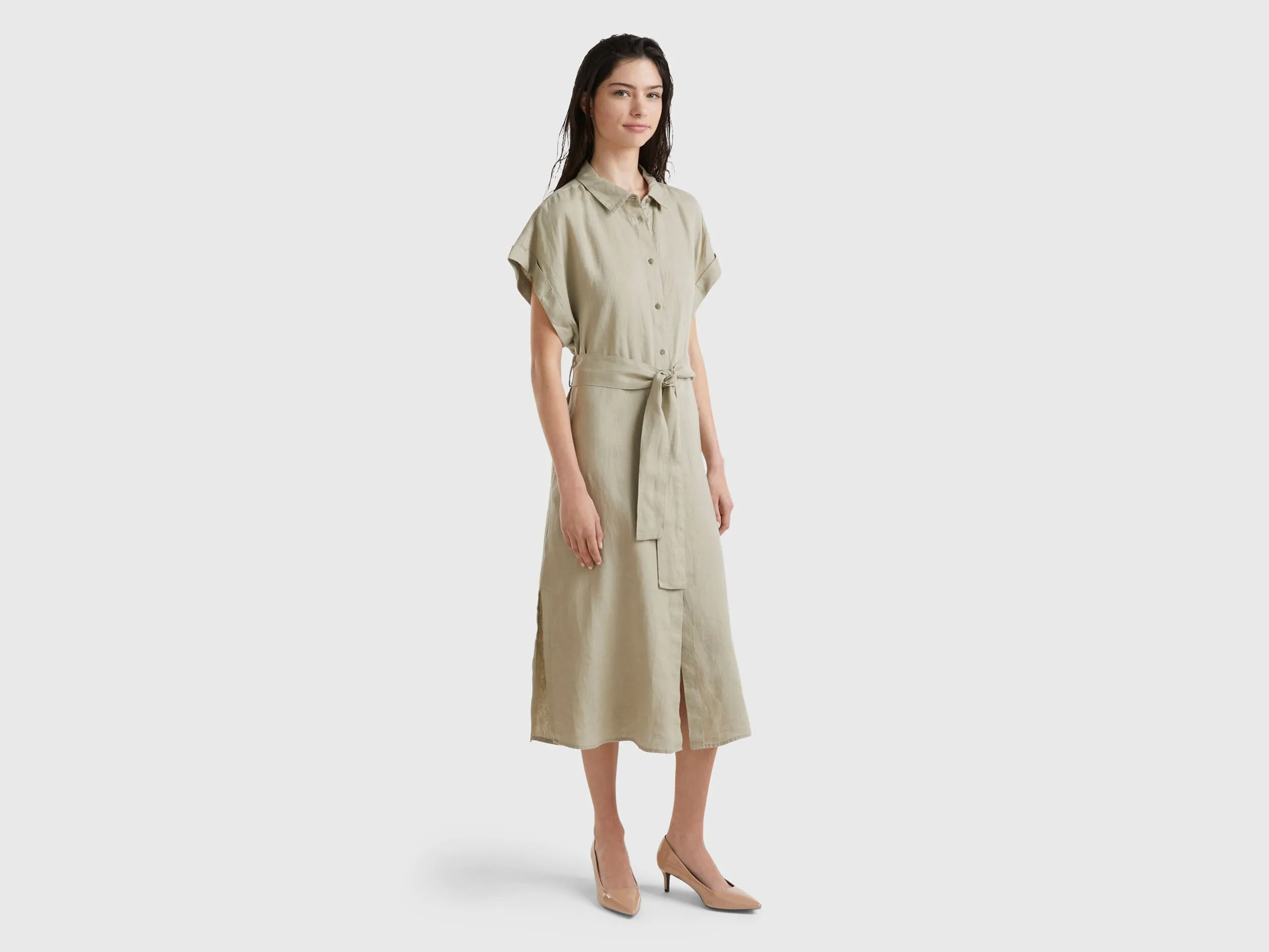 Vestido camisero midi de 100 % lino