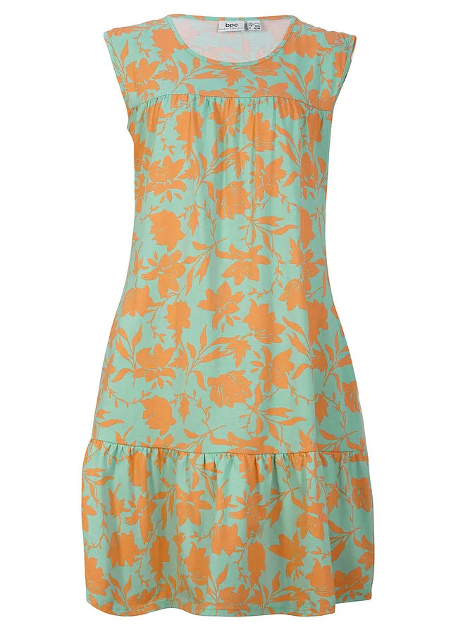 Vestido con volante, hasta la rodilla azul mentol/nectarina con flores