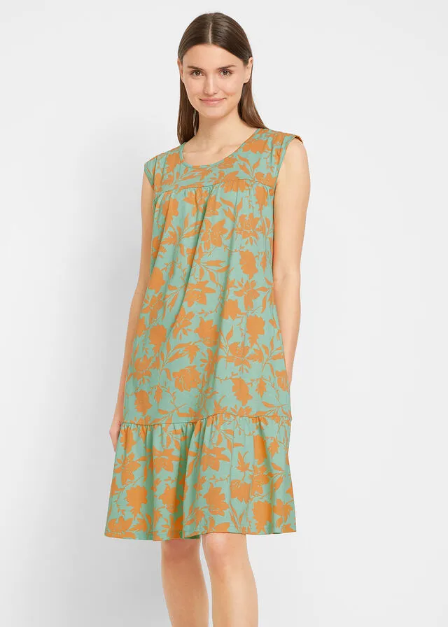 Vestido con volante, hasta la rodilla azul mentol/nectarina con flores