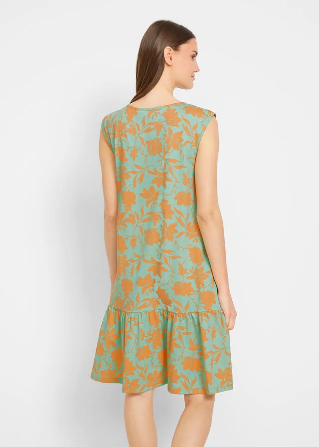 Vestido con volante, hasta la rodilla azul mentol/nectarina con flores
