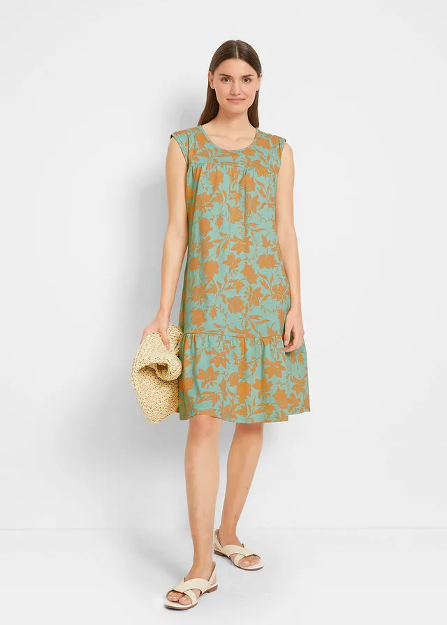 Vestido con volante, hasta la rodilla azul mentol/nectarina con flores