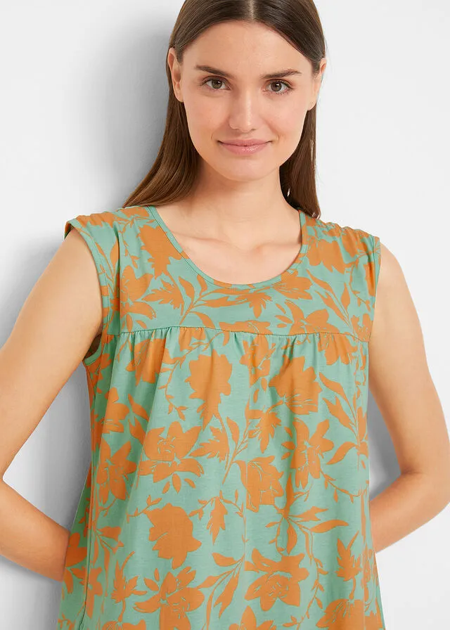 Vestido con volante, hasta la rodilla azul mentol/nectarina con flores