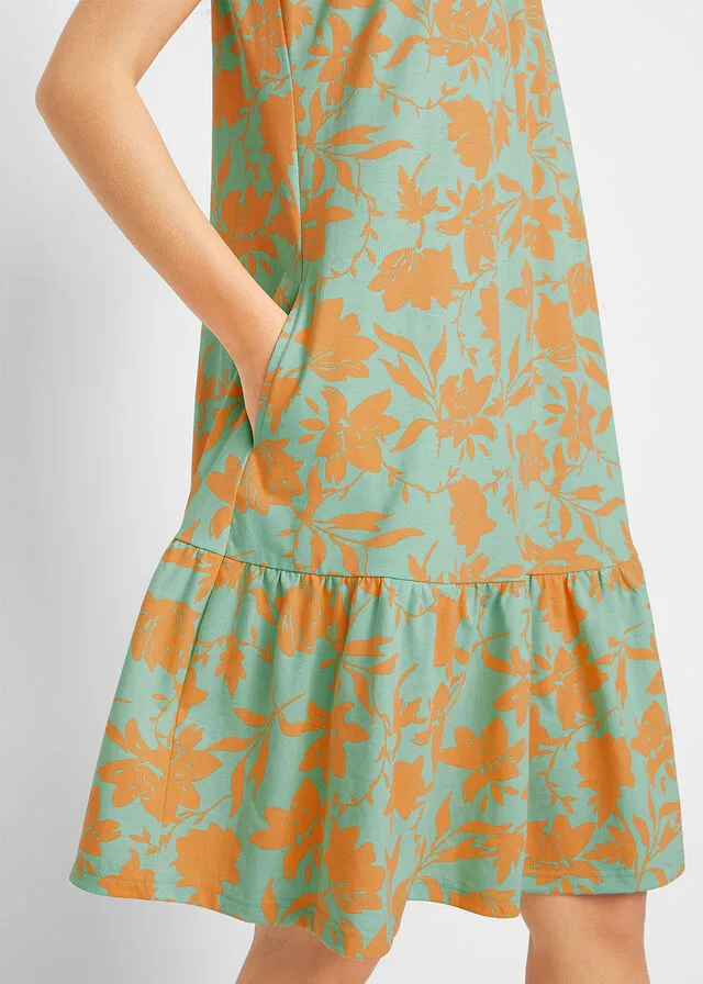 Vestido con volante, hasta la rodilla azul mentol/nectarina con flores