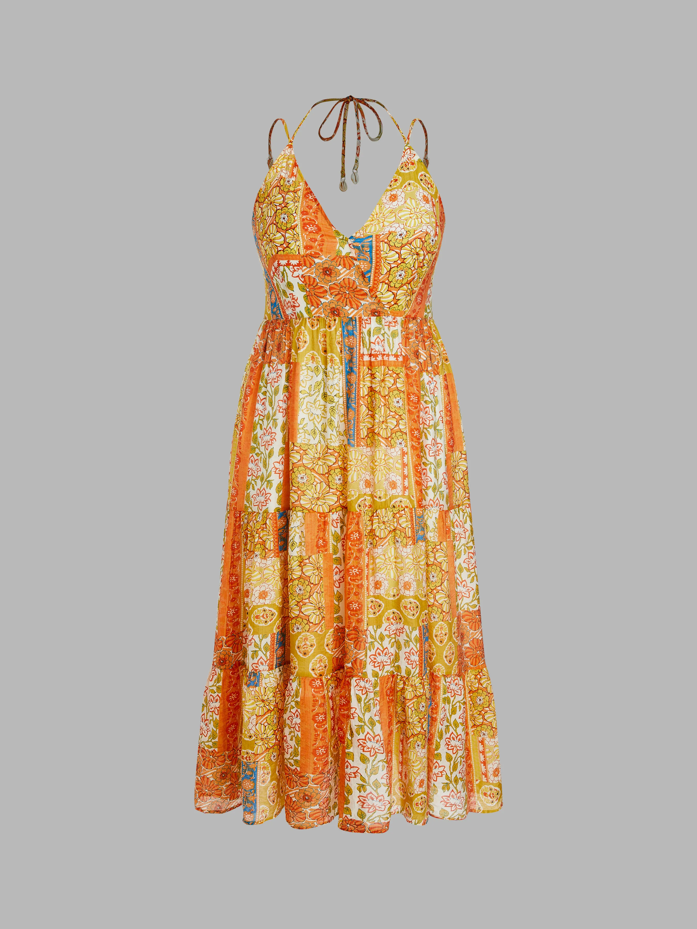 Vestido Maxi Azteca con Cuello en V y Halter Tejido Curvy