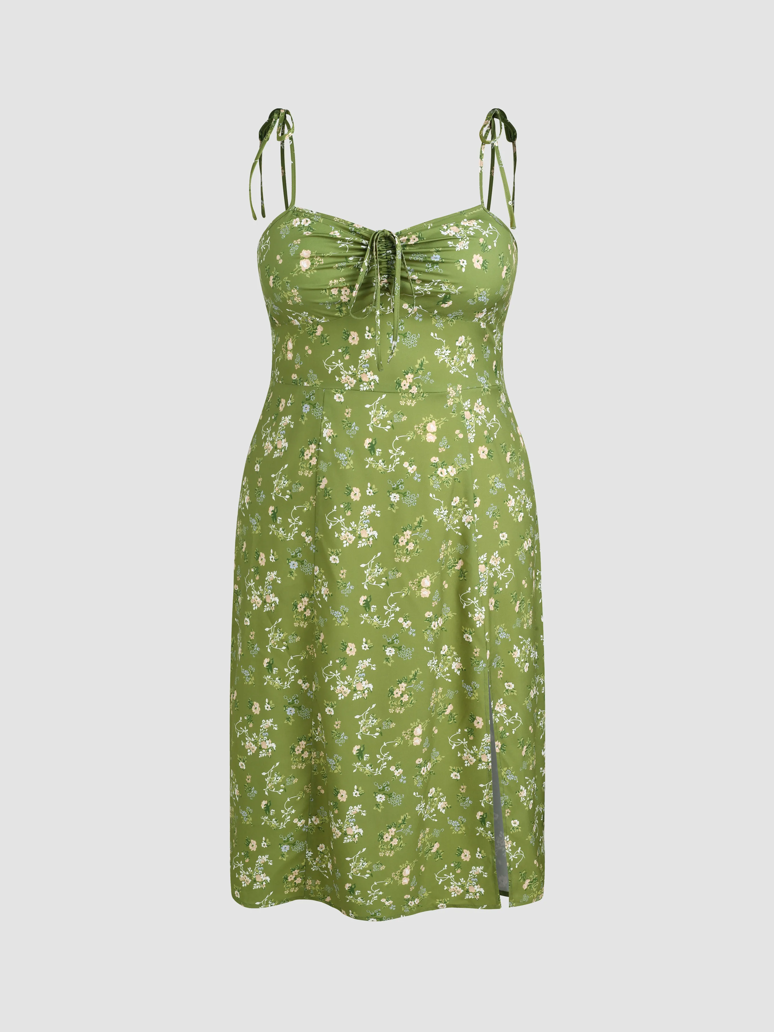 Vestido Midi con Cuello Cuadrado, Floral, Fruncido y con Abertura Curvy