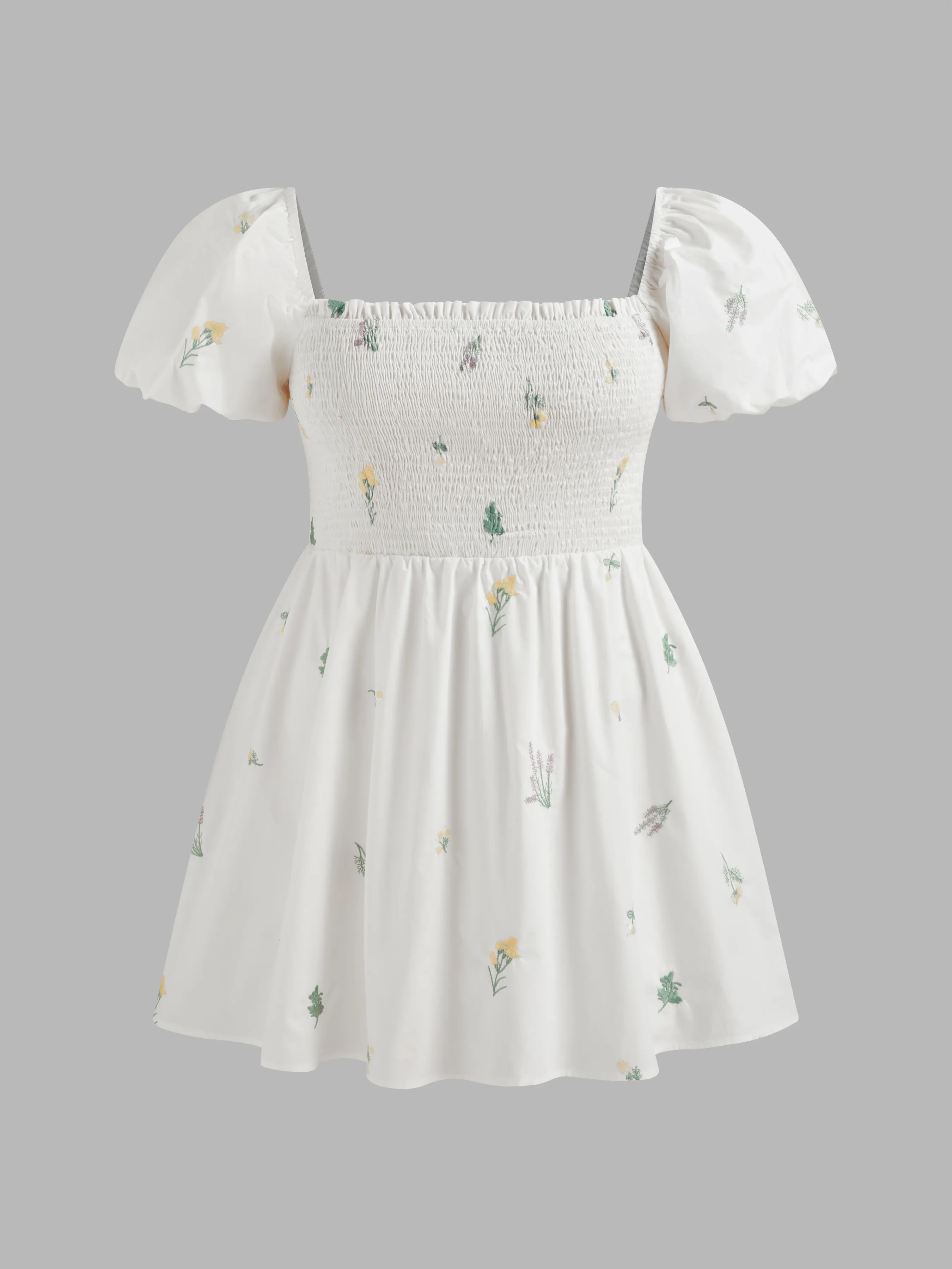 Vestido Mini de Manga Abullonada con Bordado Floral y Cuello Cuadrado Curvy