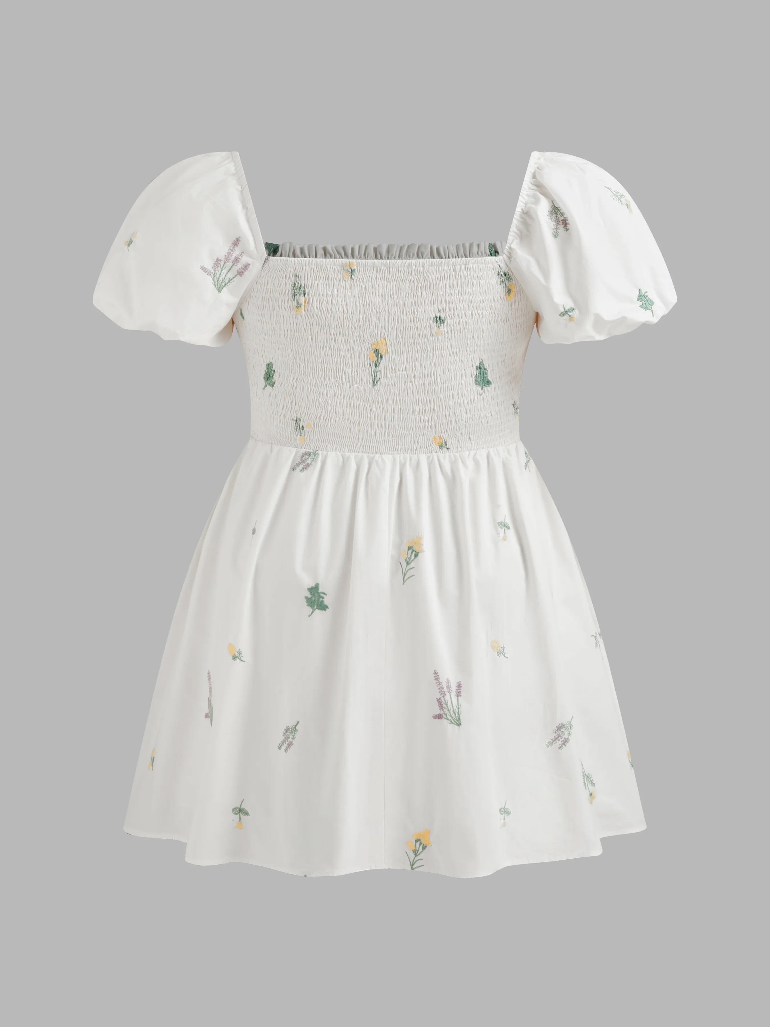Vestido Mini de Manga Abullonada con Bordado Floral y Cuello Cuadrado Curvy