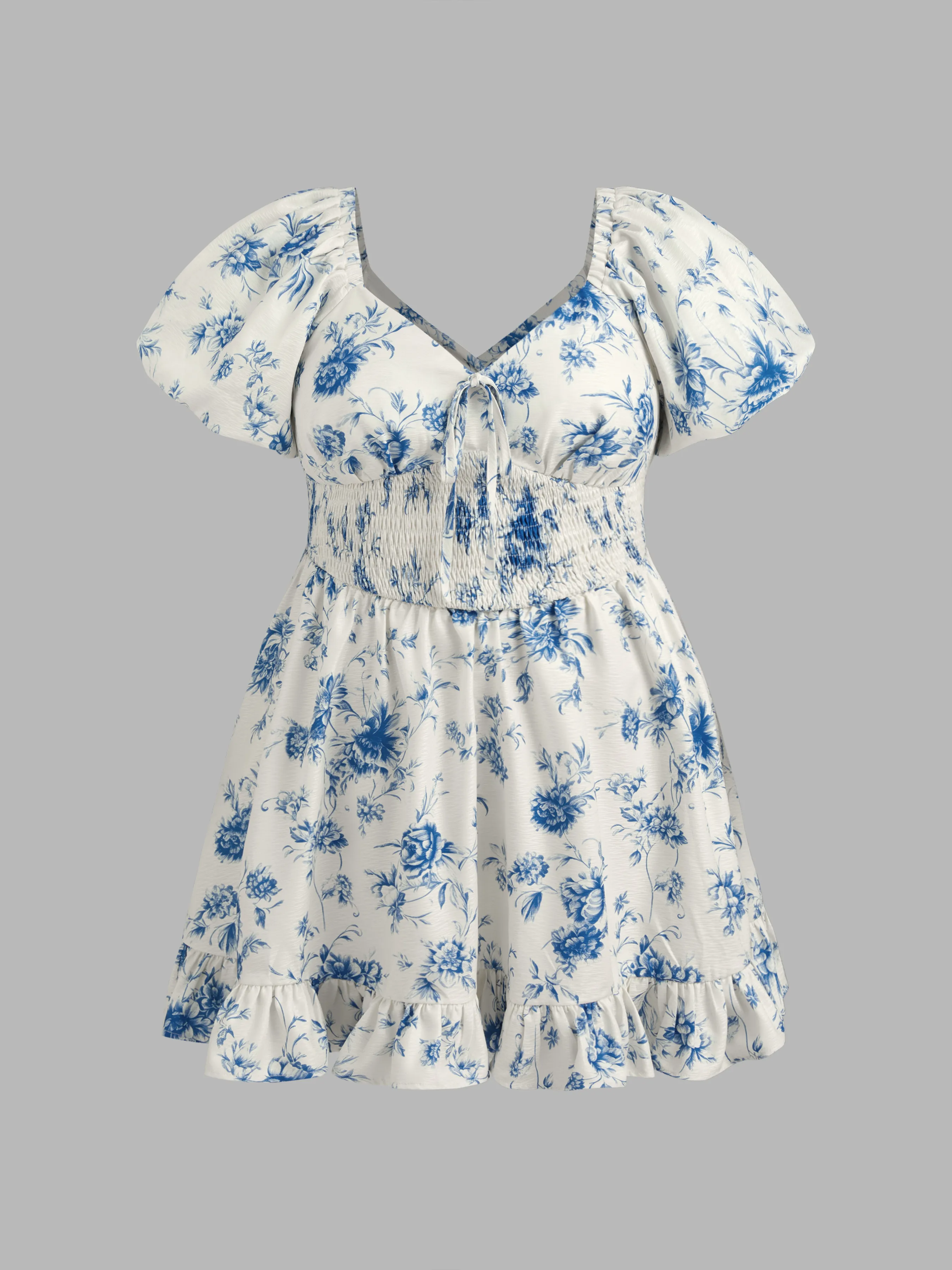 Vestido Mini Tejido Floral con Nudo y Recogido Curvy