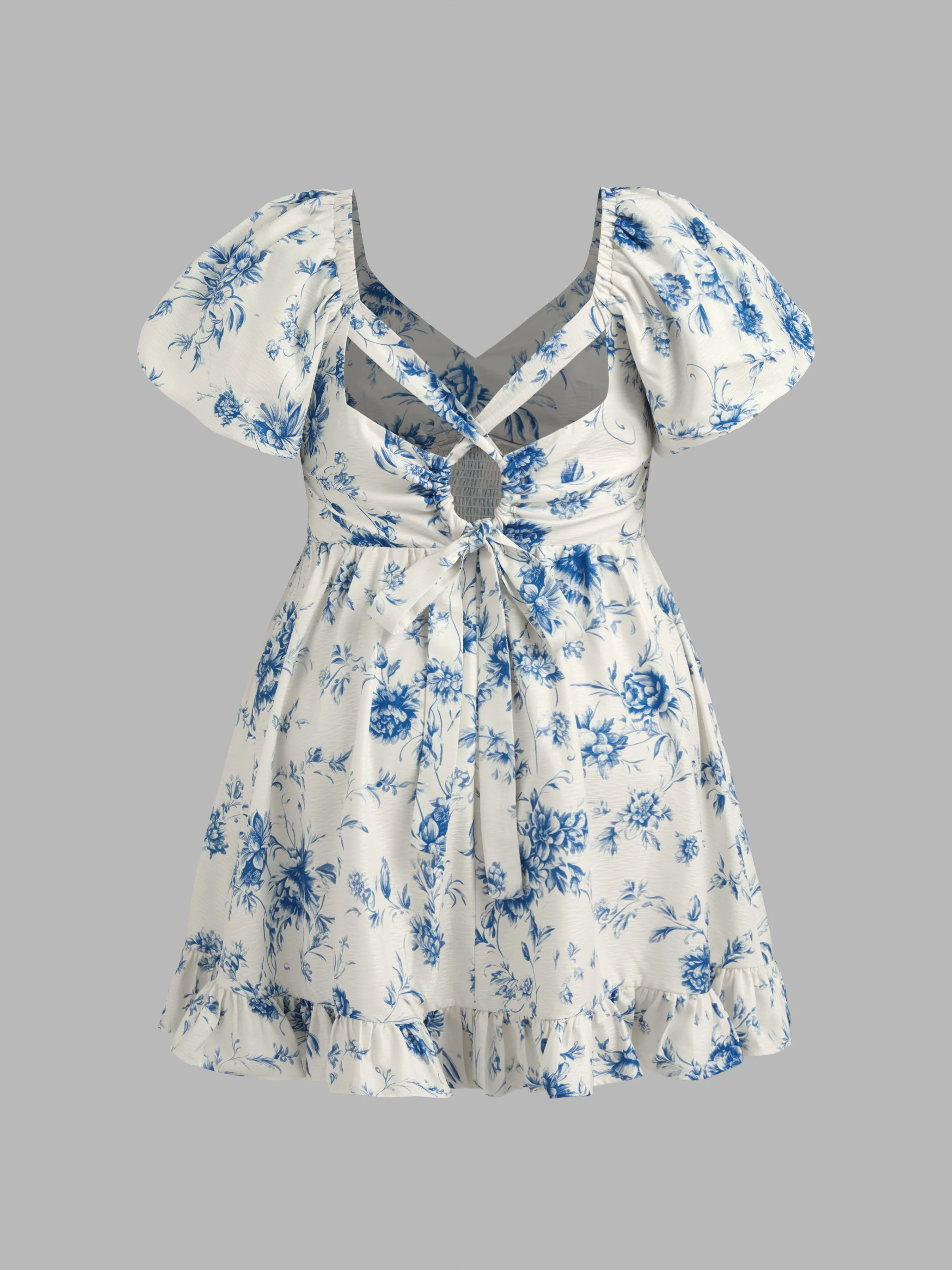 Vestido Mini Tejido Floral con Nudo y Recogido Curvy